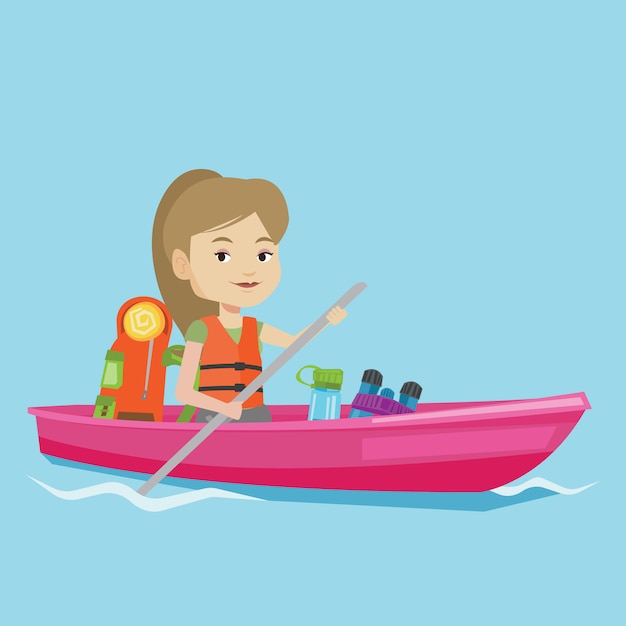 Mujer montando en kayak ilustración.