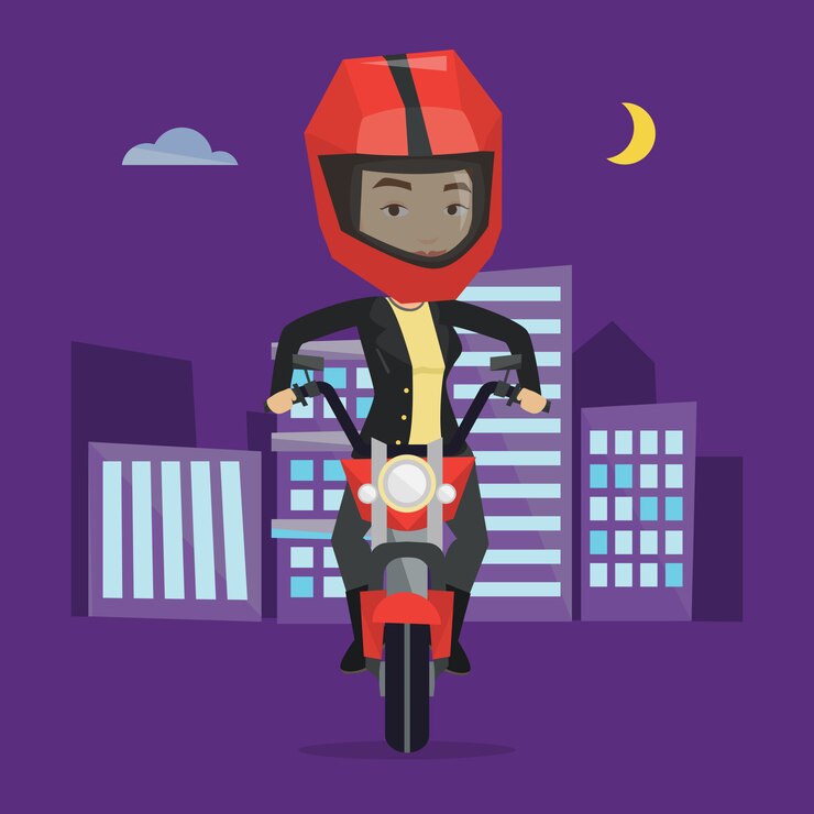 Vector mujer montando motocicleta en la noche.