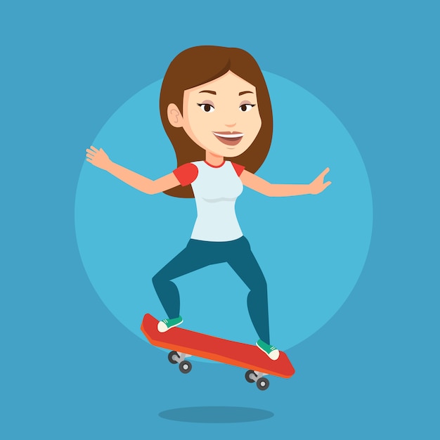 Mujer montando patineta ilustración vectorial.