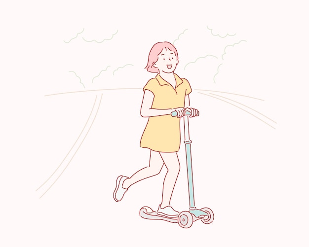 Vector una mujer montando una scooter con un vestido amarillo.