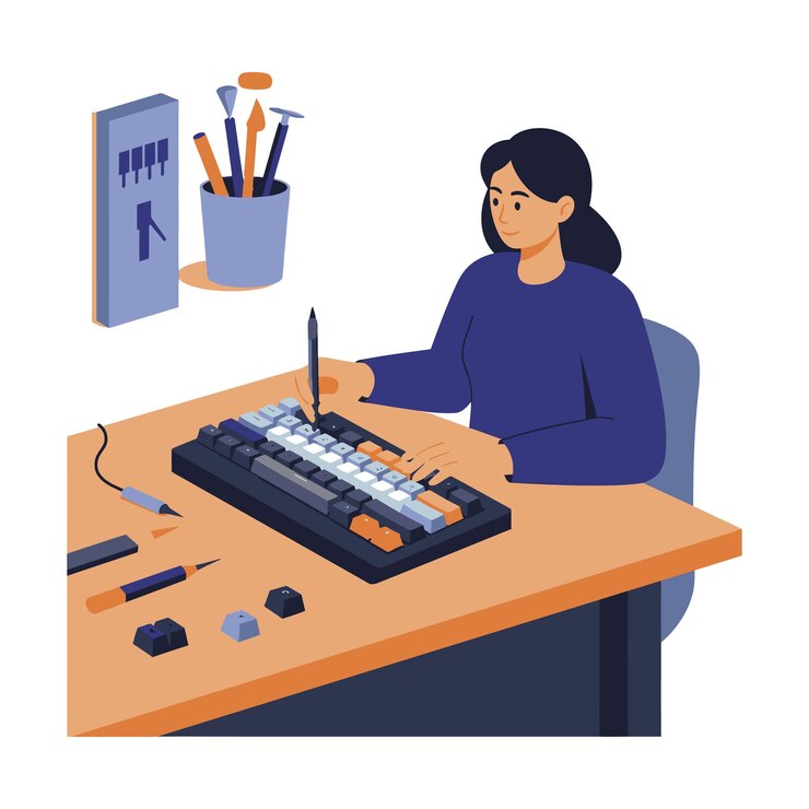 Vector mujer montando un teclado mecánico en el escritorio con herramientas y teclas en un espacio de trabajo moderno