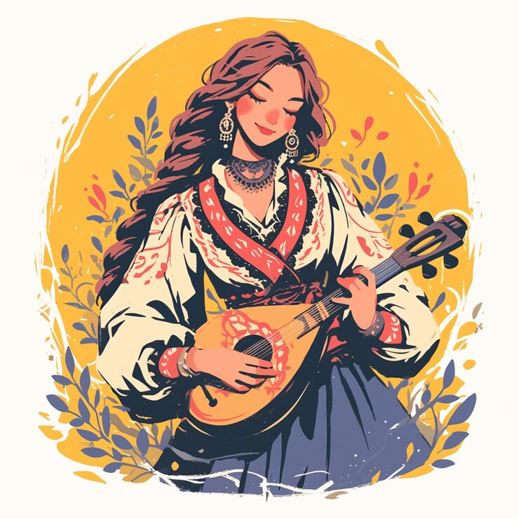 Vector mujer montenegrina con equipo de músicos tradicionales