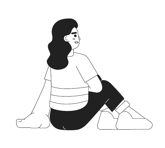 Mujer morena caucásica sentada tranquilamente personaje vectorial plano monocromático fin de semana divertido descanso positivo línea editable persona de cuerpo completo en blanco imagen de punto de dibujos animados simple bw para diseño gráfico web