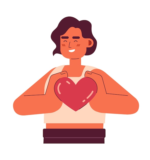 Vector mujer morena positiva sostiene un pequeño corazón personaje vectorial de color semiplano editable mitad del cuerpo mujer joven en blanco ilustración de punto de dibujos animados simple para diseño gráfico web