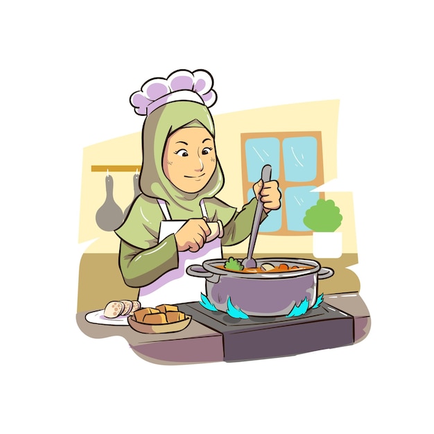 mujer mosleem feliz cocinando en la cocina cartoom