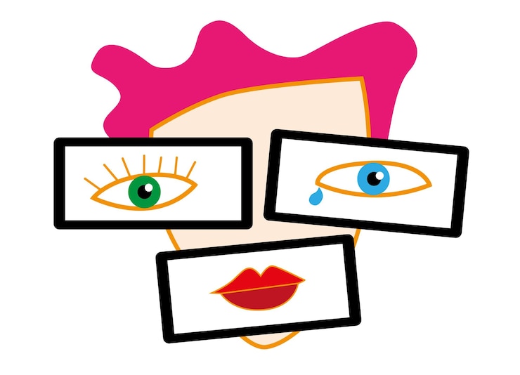 Vector mujer mostrando diferentes emociones a través de las pantallas de los teléfonos celulares