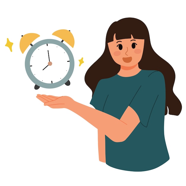 Mujer mostrando en la ilustración del concepto de puntualidad del reloj