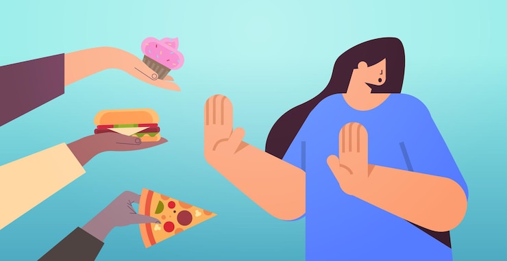 Vector mujer mostrando ningún gesto de parada a la comida chatarra nutrición malsana adicción a la comida chatarra detener el concepto de comida rápida