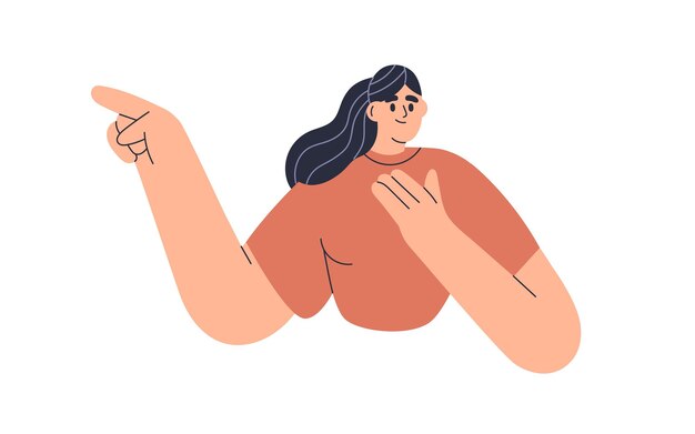 Mujer mostrando, presentando algo, gesticulando con la mano. Joven personaje sonriente señalando a un lado con el dedo, publicitando, demostrando. Ilustración de vector plano aislado sobre fondo blanco