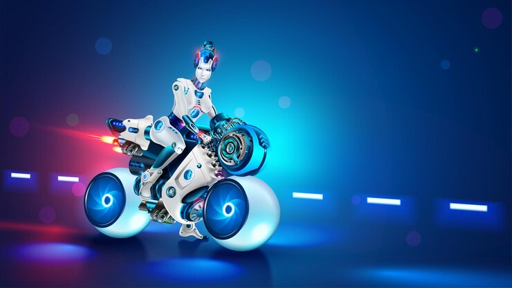 Vector mujer motociclista cyborg en bicicleta futurista mujer robótica hermosa en motocicleta motociclista femenina genial en motocicleta deportiva blanca con ruedas esféricas en carretera vehículo de ciencia ficción o transporte papel de pared cyberpunk