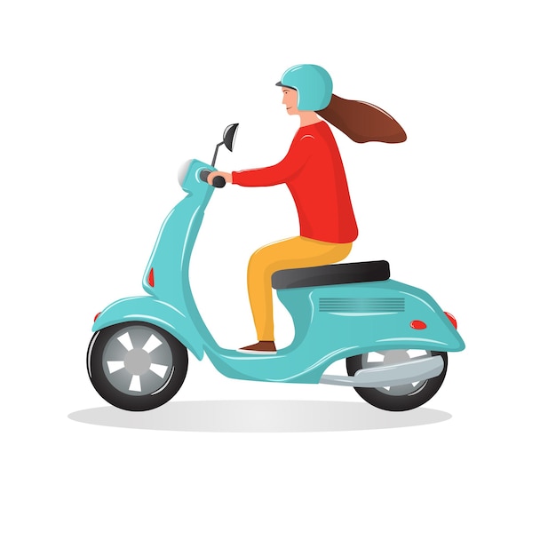 Mujer motociclista montando en moto scooter azul mujer joven que usa el transporte de motocicletas para viajar y viajar ilustración de vector de dibujos animados plana aislada en blanco