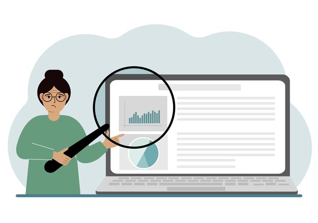 Una mujer muestra un informe de una presentación en una computadora portátil con una ilustración de vector de lupa concepto de planificación de auditoría de análisis de negocios financieros