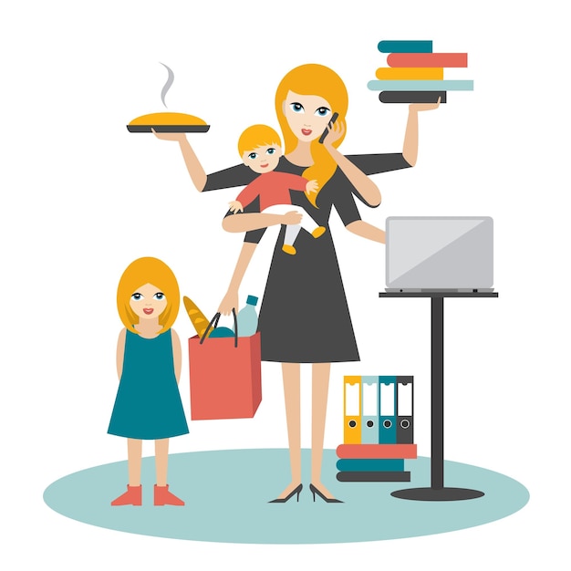 Mujer multitarea Madre empresaria con bebé niño mayor trabajando cocinando y llamando