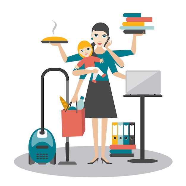 Mujer multitarea Madre empresaria con bebé trabajando cocinando y llamando