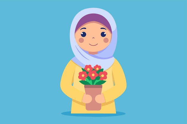 Vector una mujer musulmana alegremente sosteniendo un jarrón de flores coloridas una niña musulmana feliz sosteniendo un ramo de flores ilustración vectorial plana simple y minimalista