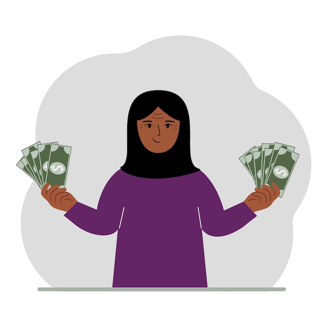 Vector una mujer musulmana con billetes en ambas manos el concepto de riqueza vector
