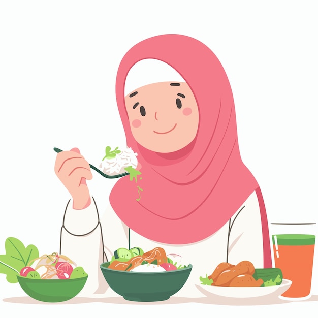 una mujer musulmana comiendo ilustraciones vectoriales de alimentos en fondo blanco