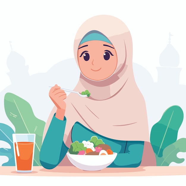 una mujer musulmana comiendo ilustraciones vectoriales de alimentos en fondo blanco