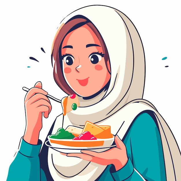 Mujer musulmana comiendo ilustraciones vectoriales de alimentos en fondo blanco