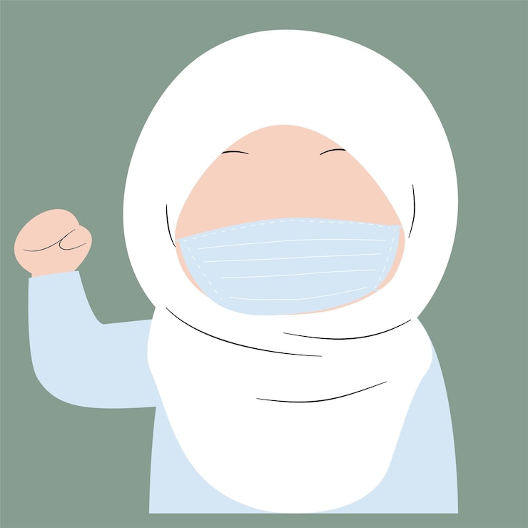 Mujer musulmana feliz con un hijab blanco y una máscara facial