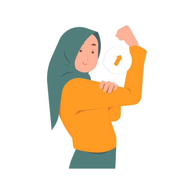 Mujer musulmana fuerte y poderosa levanta los brazos y muestra el bíceps Ilustración del concepto de fuerza interna