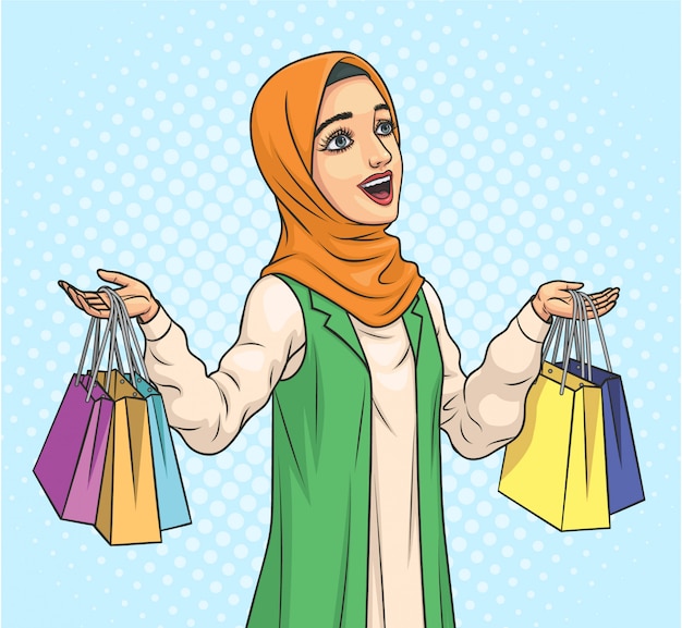 Mujer musulmana con hijab de compras