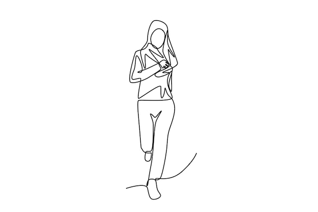 Mujer musulmana con hijab corriendo Hijabi corriendo concepto dibujo en línea