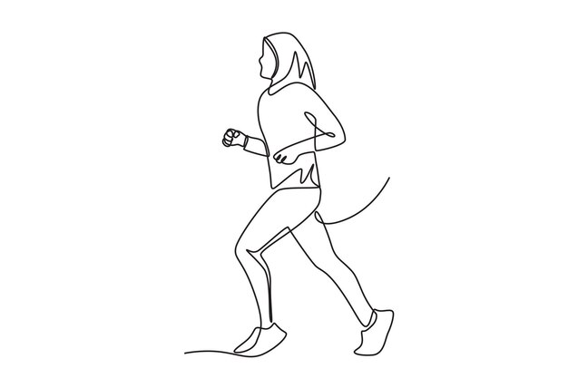 Mujer musulmana con hijab corriendo Hijabi corriendo concepto dibujo en línea