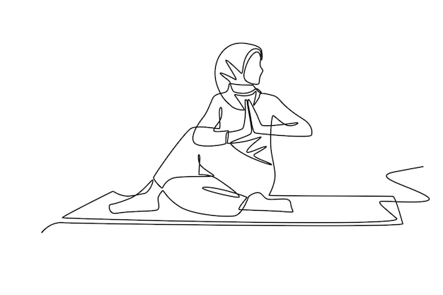 Mujer musulmana con hijab haciendo pilates Hijabi pilates concepto dibujo en línea