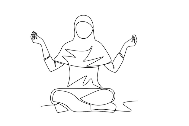 Mujer musulmana con hijab meditando concepto de meditación dibujo en línea