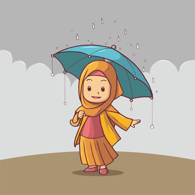 Mujer musulmana en hijab que lleva un paraguas cuando llueve