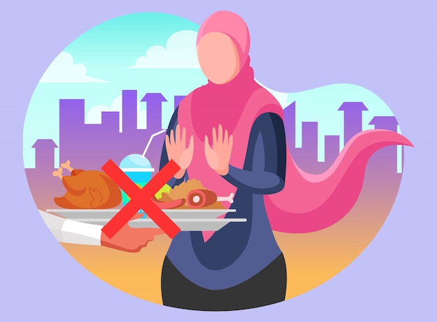 Vector mujer musulmana con hijab que se niega a comer y beber durante el ayuno del ramadán