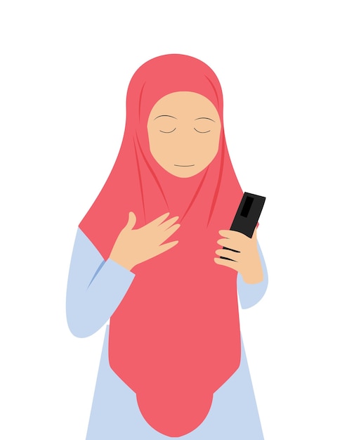 Mujer musulmana con hijab rosa sosteniendo un teléfono inteligente sin sentir estrés gratitud equilibrio de la salud mental