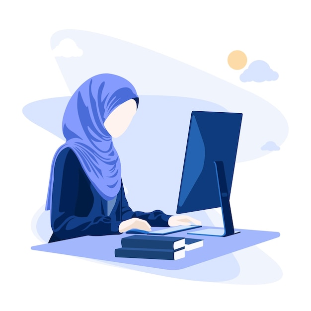 Mujer musulmana con hijab trabaja en la oficina con una ilustración vectorial de computadora V