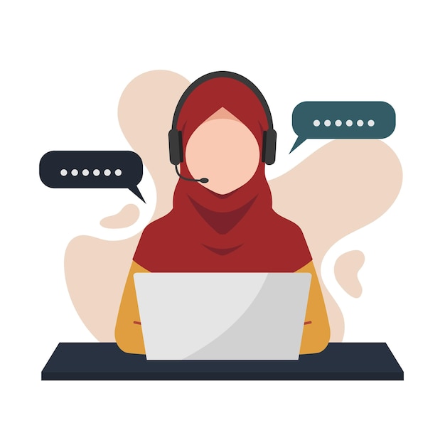 Vector mujer musulmana en hiyab haciendo trabajo de servicio al cliente con laptop