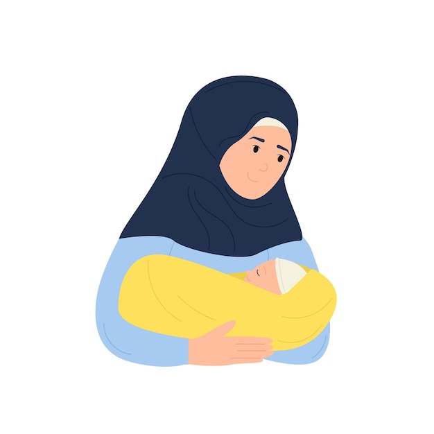 Una mujer musulmana con hiyab sostiene a un bebé en sus brazos