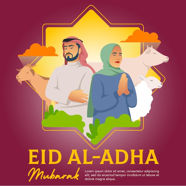 Vector una mujer musulmana y un hombre orando en celebración de eid aladha