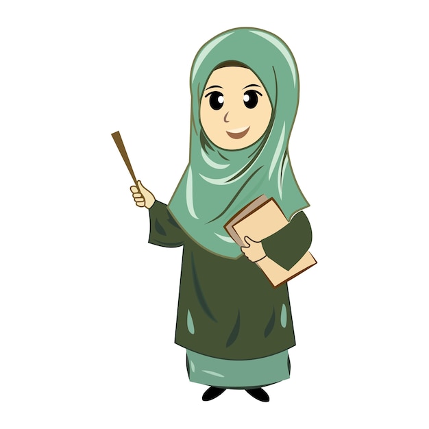 Mujer musulmana joven con un libro y un puntero mujer linda con hijab en vestido verde personaje mujer