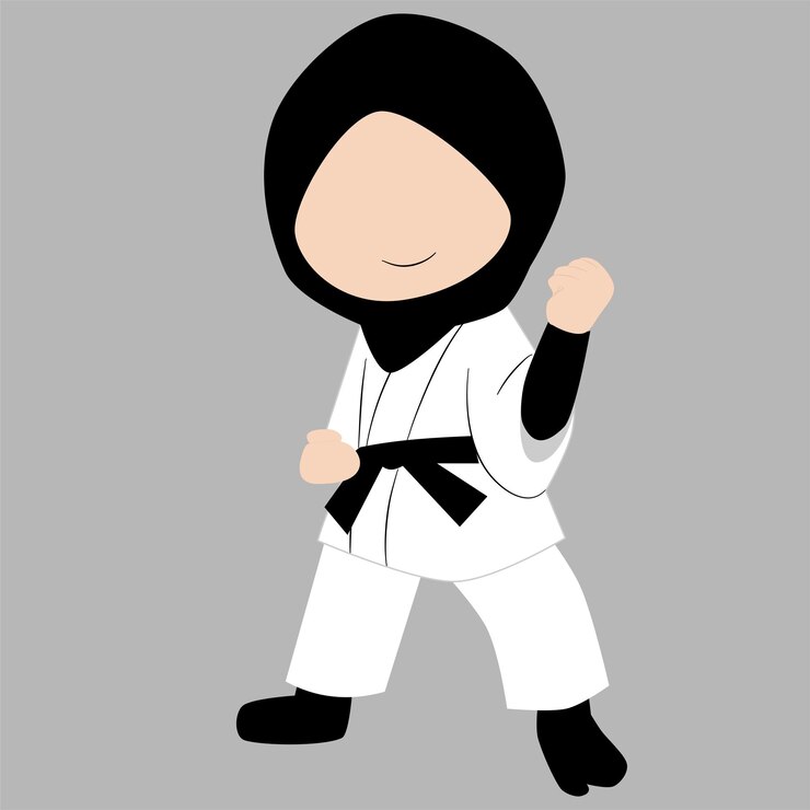 Mujer musulmana de karate con un uniforme de cinturón negro