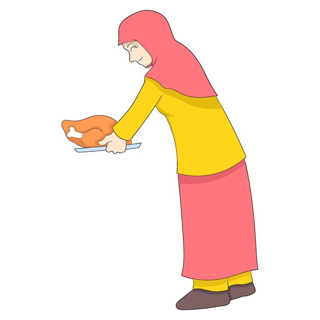 Mujer musulmana lleva un delicioso menú iftar de comida de pollo a la parrilla