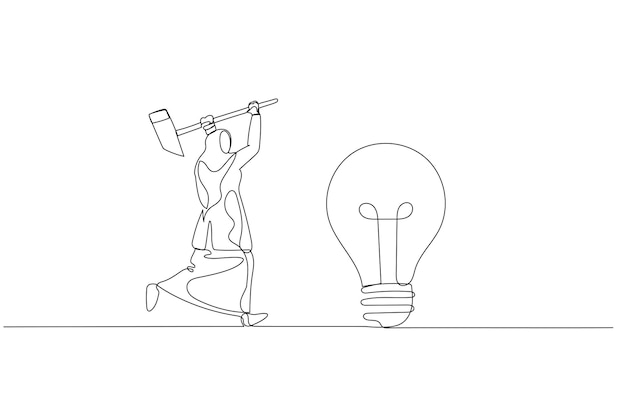 Mujer musulmana con martillo intenta romper la lámpara Concepto de generación de ideas