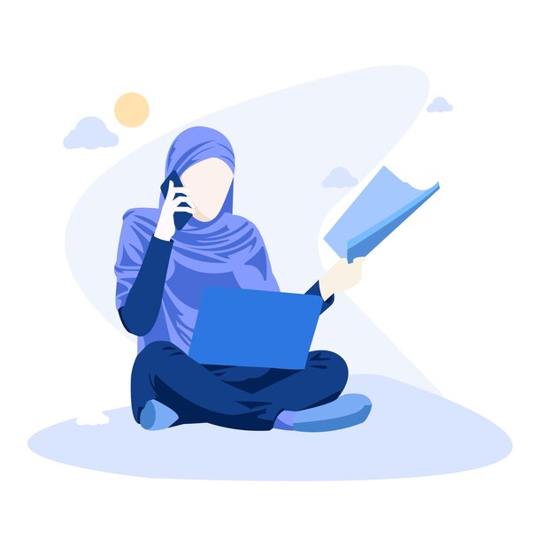 Mujer musulmana de oficina con hijab sentada mientras trabaja con una computadora portátil Ilustración vectorial VII