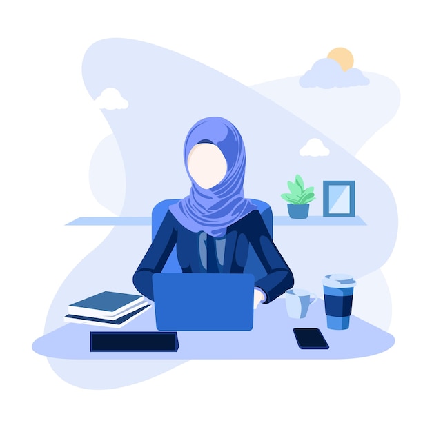 Mujer musulmana de oficina con hijab trabajando con un portátil Ilustración vectorial XIII