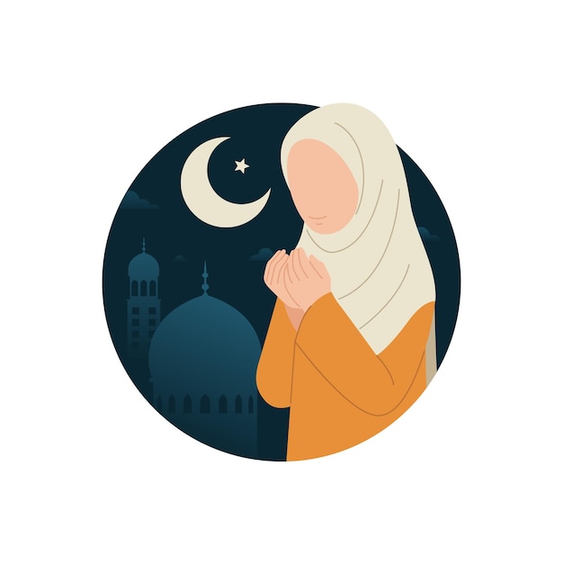 Mujer musulmana orando con la mezquita y la media luna cortada en el fondo