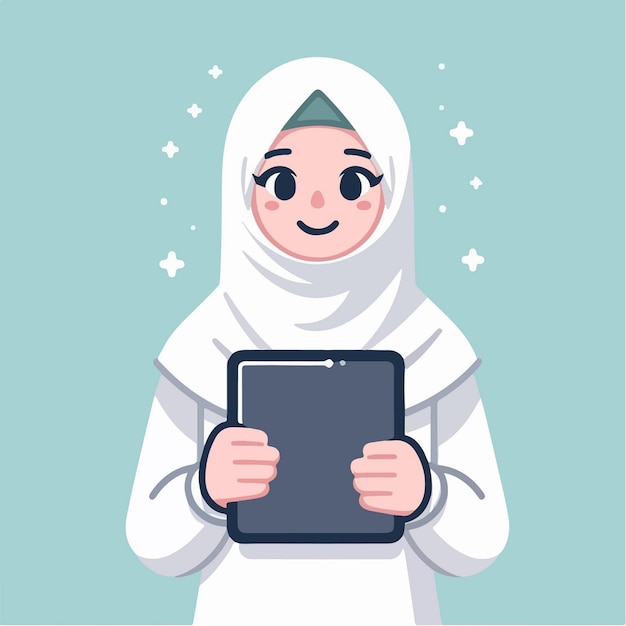 Vector mujer musulmana que lleva una tableta para estudiar