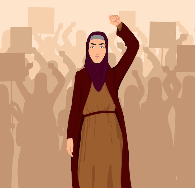 Una mujer musulmana que participa en una marcha femenina de lucha por sus derechos ilustración vectorial