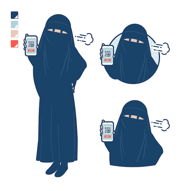 Una mujer musulmana que usa un niqab con pago sin efectivo en un teléfono inteligente imagen problemática