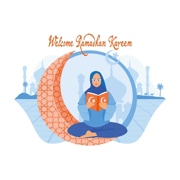Mujer musulmana sentada en la luna creciente y leyendo el Corán Actividades musulmanas durante el mes de Ramadán Ramadán Kareem concepto Ilustración vectorial plana