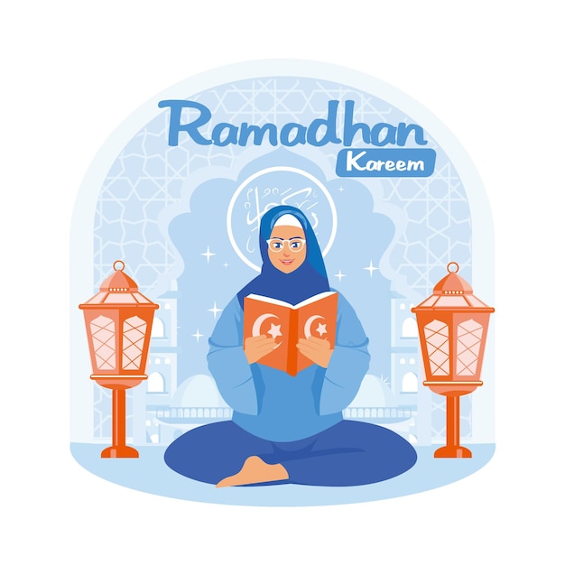 Mujer musulmana sentada con las piernas cruzadas cerca de una linterna Leer y estudiar el Corán Ramadán Kareem concepto Ilustración vectorial plana
