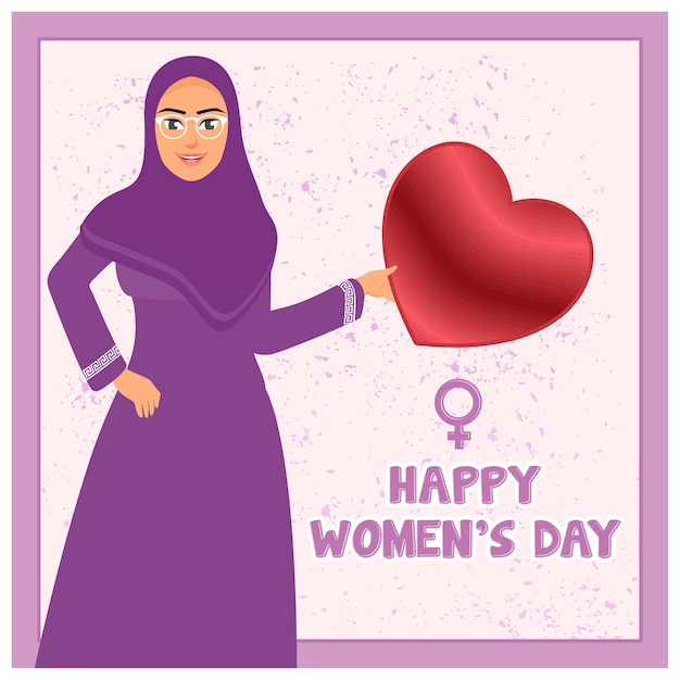 Mujer musulmana con un signo de corazón en la mano Celebrándole el Día Internacional de la Mujer Mes de la Historia de las Mujeres 2025 concepto Ilustración vectorial plana